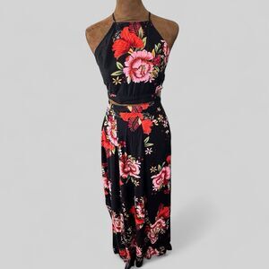 Lulus Valeria Floral Two-Piece Halter Maxi Dress M Black Crop Top Flowy Long